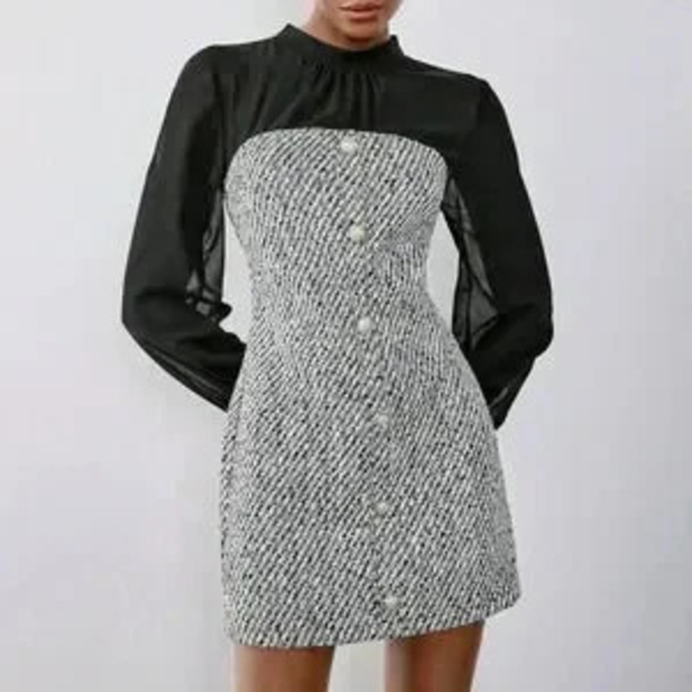 Black Elegant Women's Button Decor Chiffon Patchwork Lantern Sleeve Dress